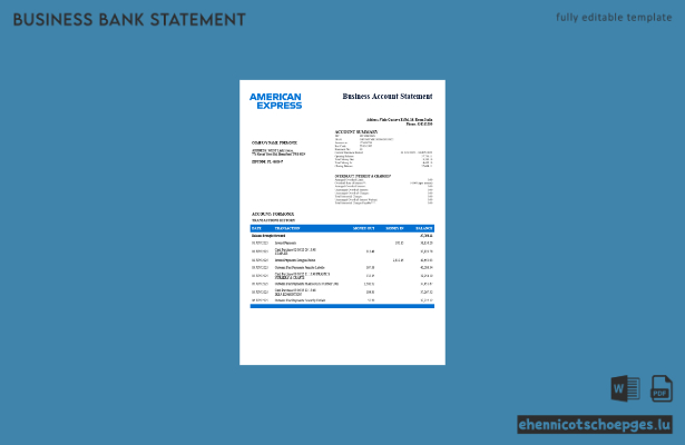 Italienische American Express Amex Firmen-Girokontoauszug Word- und PDF-Beispielvorschau